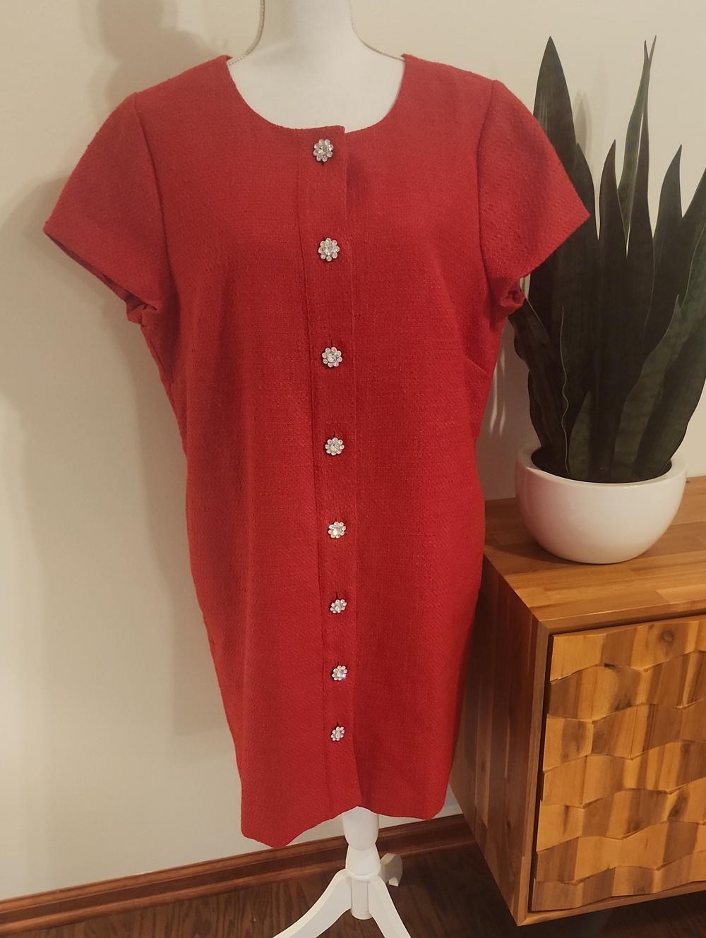 NWOT; Gorgeous J. Crew Red Dress with Floral Jewel Buttons
